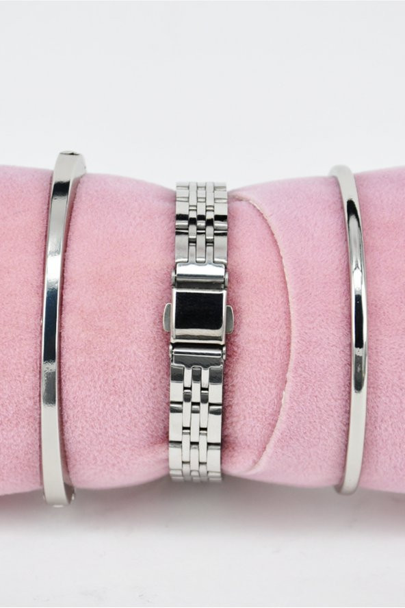 Gümüş Renk Dikdörtgen Kasa Vintage Kadın Kol Saat & Yanındaki Bileklikler SU-831 - 3