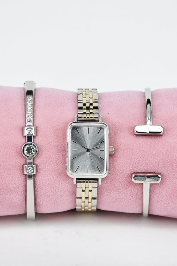 Vintage Kadın Kol Saati Gümüş Altın Renk Kordon Gümüş Renk Kadran & Yanındaki Bileklikler SU-829 - 3