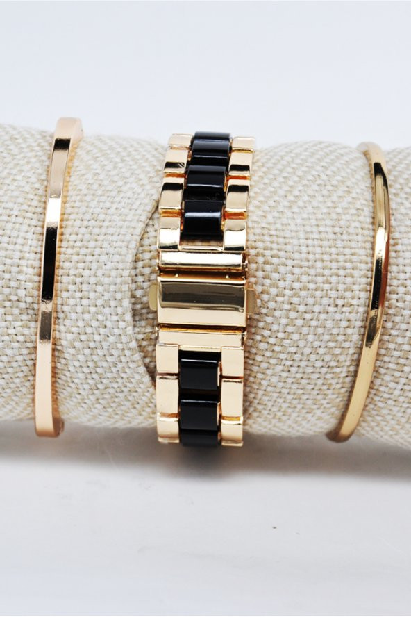 Altın Siyah Renk Kordon Roma Rakamlı Kadın Kol Saati & Yanındaki Bileklikler SU-820 - Resim 3