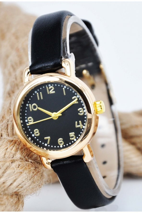 Retro Kadın Kol Saati Siyah Kadran Altın Renk Kasa Şık Zarif Sade SU-810