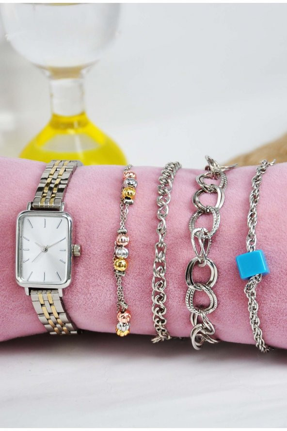 Gümüş Altın Renk Muhteşem Uyum Kadın Saati & Yanındaki Bilekliklerle Beraber SU-802 ürün görseli 1