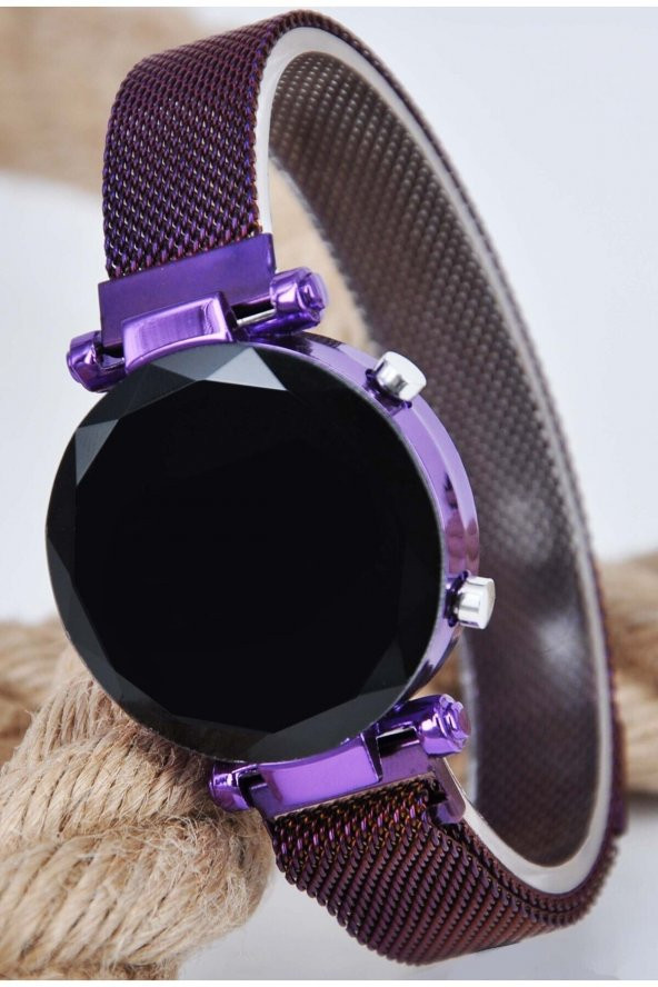 Mor Renk Mıknatıslı Hasır Kordonlu Beyaz Led Rakam Şık Kadın Kol Saati SU-186-090 - Resim 2