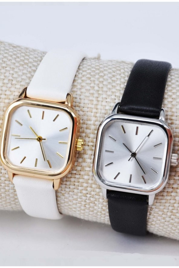 Siyah Beyaz Deri Kordon Minimal Kare Kasa Iki Adet Kadın Kol Saati Su-739 ürün görseli 1
