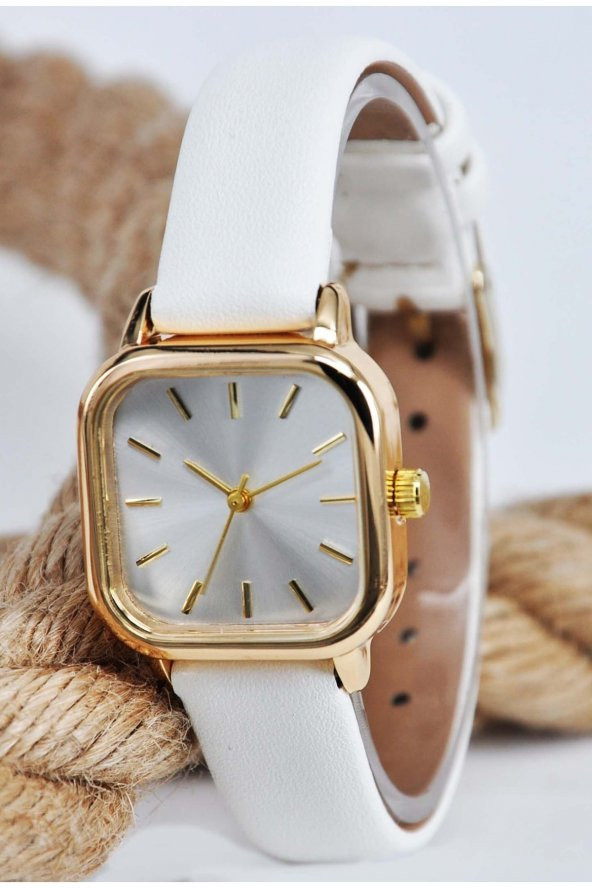 Minimal Kare Altın Kasa Beyaz Deri Kordon Kadın Kol Saati Su-735-001 - 3