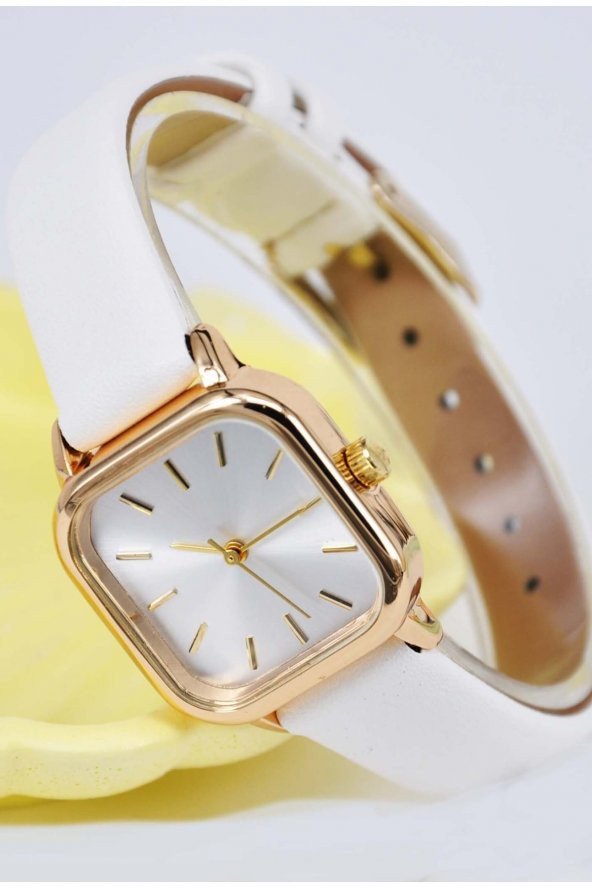 Beyaz Deri Kordon Kadın Kol Saati Altın Renk Kasa Beyaz Kadran Şık Su-735-050 - Resim 2