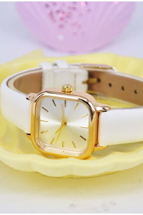 Beyaz Deri Kordon Kadın Kol Saati Altın Renk Kasa Beyaz Kadran Şık Su-735-050 - Resim 3
