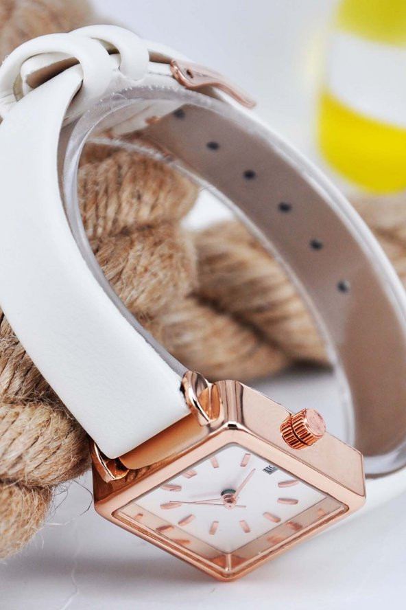 Beyaz Yumuşak Deri Kordonlu Bakır Renk Kasa Takvimli Şık Vintage Kadın Kol Saati Su-733 - Resim 2