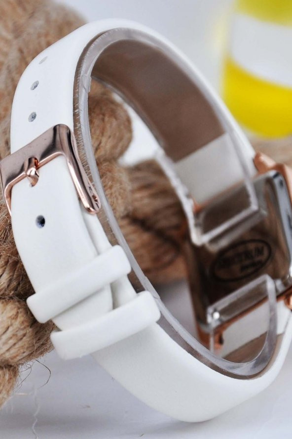 Beyaz Yumuşak Deri Kordonlu Bakır Renk Kasa Takvimli Şık Vintage Kadın Kol Saati Su-733 - Resim 3