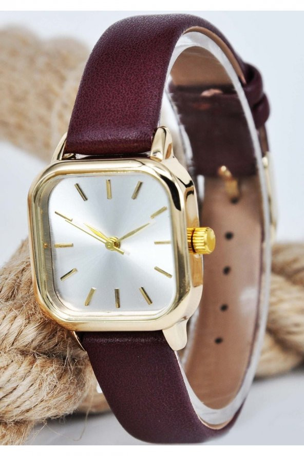 Bordo Renk Deri Kordonlu Altın Renk Kasa Kadın Kol Saati Su-696 ürün görseli 1