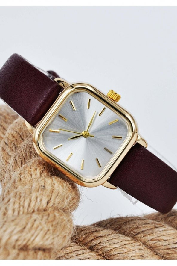 Bordo Renk Deri Kordonlu Altın Renk Kasa Kadın Kol Saati Su-696 - Resim 2