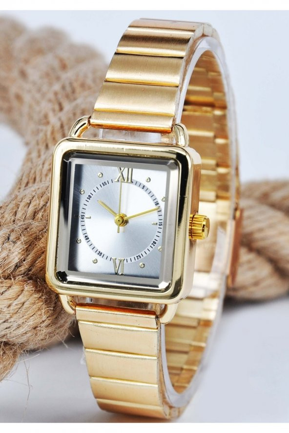 Altın Renk Minimal Kare Kasa Beyaz Kadran Roma Rakamlı Genç Kız Kadın Kol Saati Su-688 ürün görseli 1