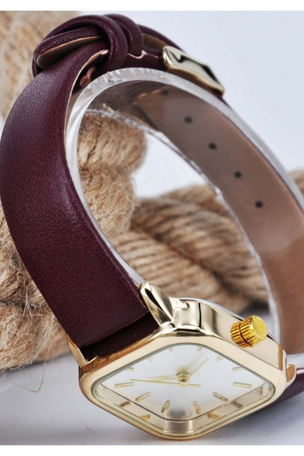 Bordo Renk Deri Kordonlu Altın Renk Kasa Kadın Kol Saati Su-696 - Resim 3