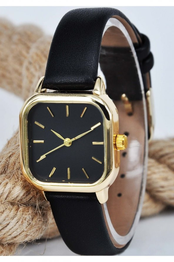 Siyah Renk Deri Kordonlu Minimal Kare Altın Renk Kasa Vintage Kadın Kol Saati Su-697