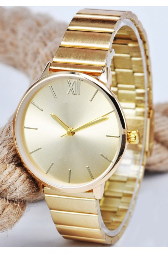 Altın Renk Yuvarlak Kasa Altın Renk Kadran Roma Rakamlı  Kadın Kol Saati ürün görseli 1