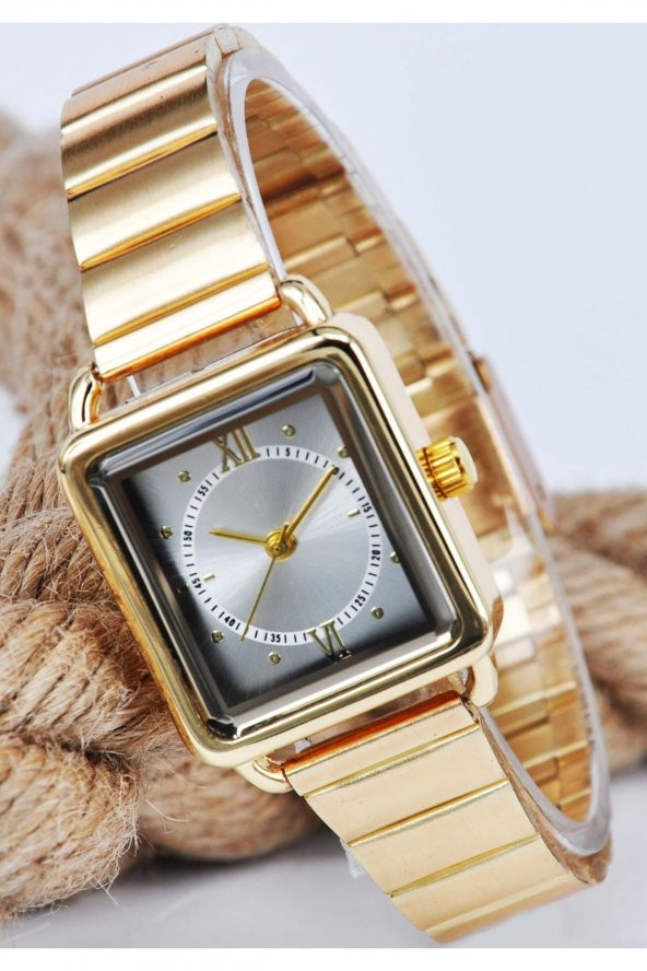 Altın Renk Minimal Kare Kasa Beyaz Kadran Roma Rakamlı Genç Kız Kadın Kol Saati Su-688 - Resim 2