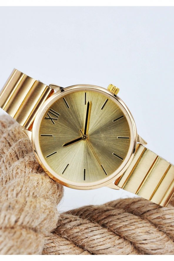 Altın Renk Yuvarlak Kasa Altın Renk Kadran Roma Rakamlı  Kadın Kol Saati - Resim 2