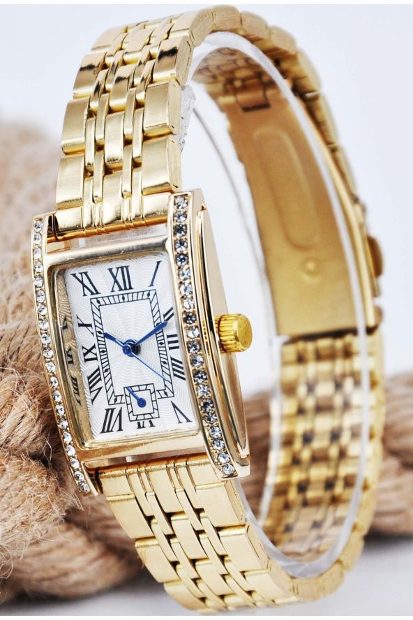 Full Gold Renk Dikdörtgen Kasa Taşlı Şık Vintage Kadın Kol Saati Su-700 - 2
