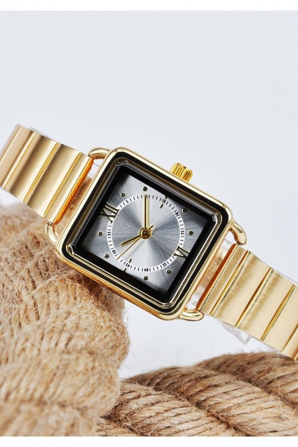Altın Renk Minimal Kare Kasa Beyaz Kadran Roma Rakamlı Genç Kız Kadın Kol Saati Su-688 - Resim 3