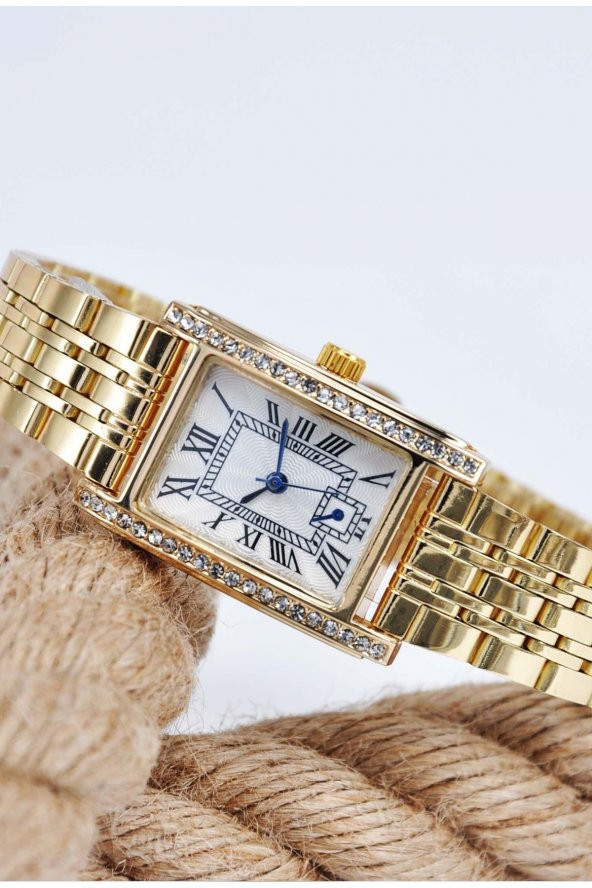 Full Gold Renk Dikdörtgen Kasa Taşlı Şık Vintage Kadın Kol Saati Su-700 - 3