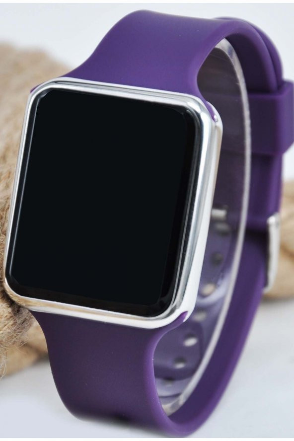 Mor Renk Silikon Kordonlu Gümüş Kasa Led Dokunmatik Unisex Kol Saati Su-684 - Resim 2