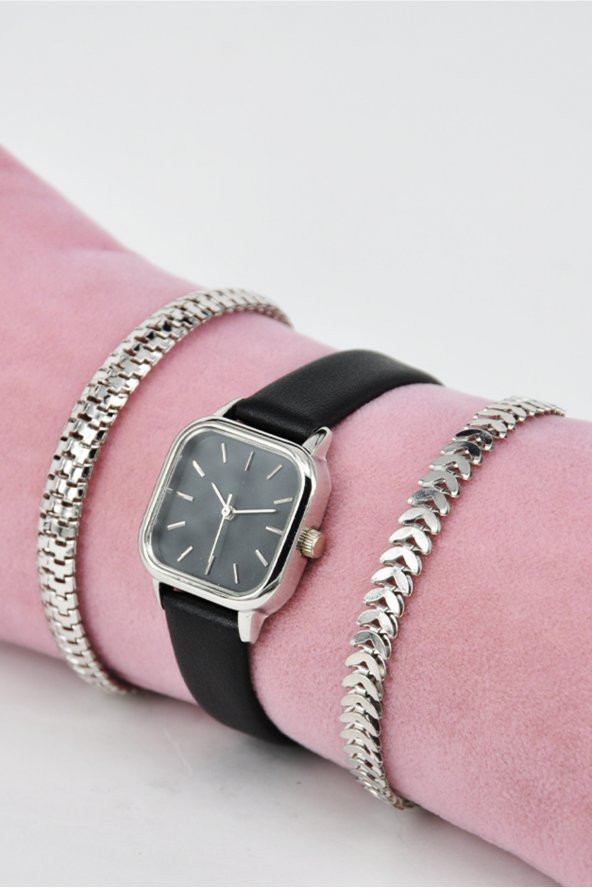 Gümüş Kasa Siyah Deri Kordon Siyah Kadran Genç Kız Kadın Kol Saati & Yanındaki Bileklikler SU-867 ürün görseli 1