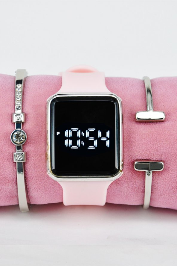 Pembe Silikon Kordonlu Dokunmatik Genç Kız Kadın Kol Saati & Yanındaki Bileklikler SU-859