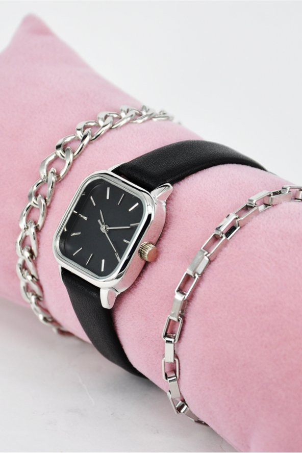 Siyah Renk Deri Kordonlu Minimal Renk Kasa Vintage Kadın Kol Saati & Yanındaki Bileklikler SU-860 ürün görseli 1