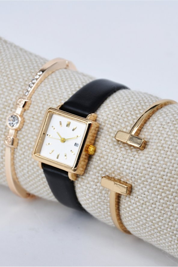 Siyah Renk Deri Kordonlu Takvimli Altın Renk Kasa Kadın Kol Saati & Yanındaki Bileklikler SU-862 ürün görseli 1