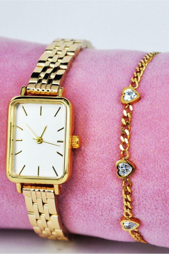 Vintage Kadın Kol Saati Altın Renk Çelik Kalpli Bileklikli Su-516