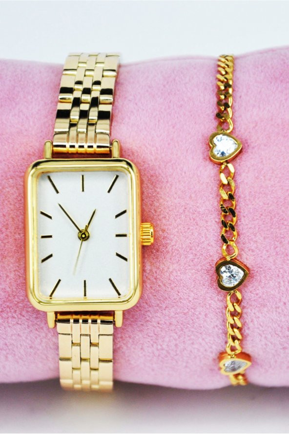 Vintage Kadın Kol Saati Altın Renk Çelik Kalpli Bileklikli Su-516 - 2