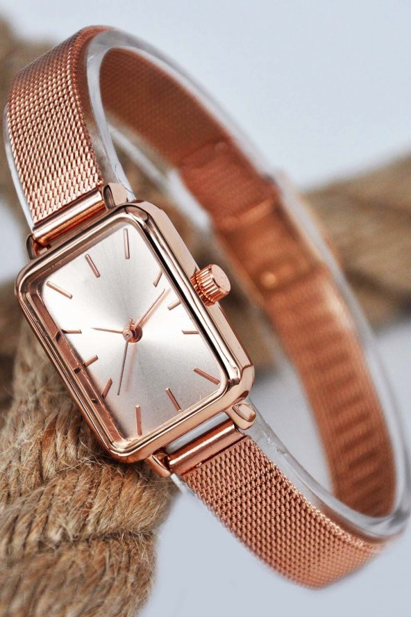 Vintage Kasa Rose Renk Hasır Kordonlu Kol Saati Su-500