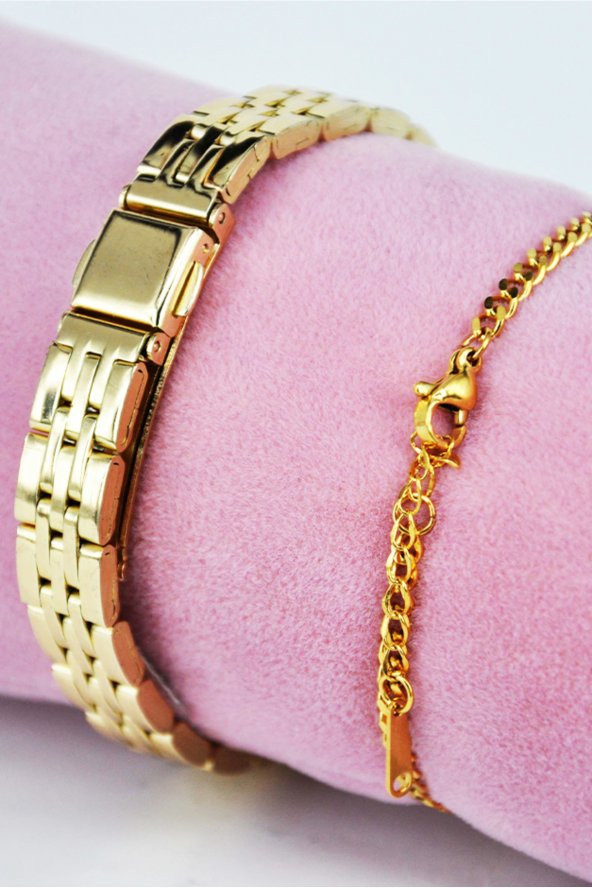 Vintage Kadın Kol Saati Altın Renk Çelik Kalpli Bileklikli Su-516 - 3