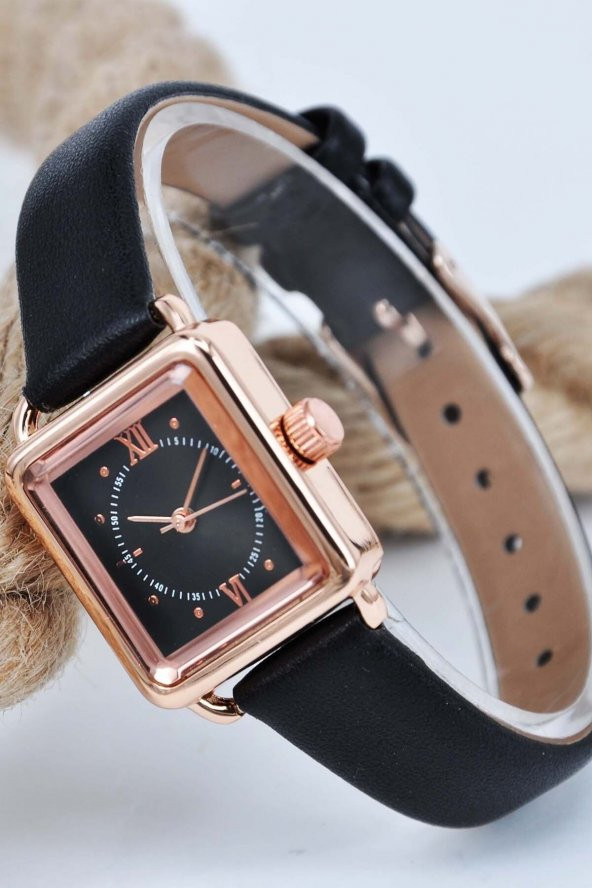 Rose Kasa Siyah Deri Kordonlu Sade Şık Model Bayan Kol Saati Su-581-010