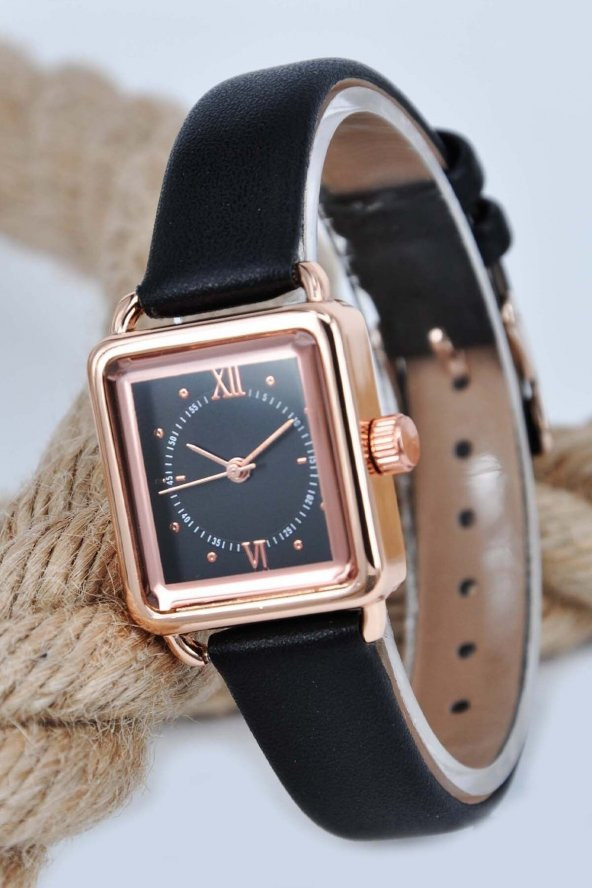 Rose Kasa Siyah Deri Kordonlu Sade Şık Model Bayan Kol Saati Su-581-010 - 2