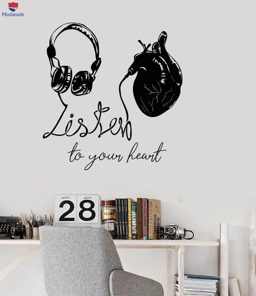 Oturma Odası, Ofis, Dükkan Duvar Sticker Kalbinizi Dinleyin Sözler Alıntı Müzik Kulaklıklar Çıkartmalar