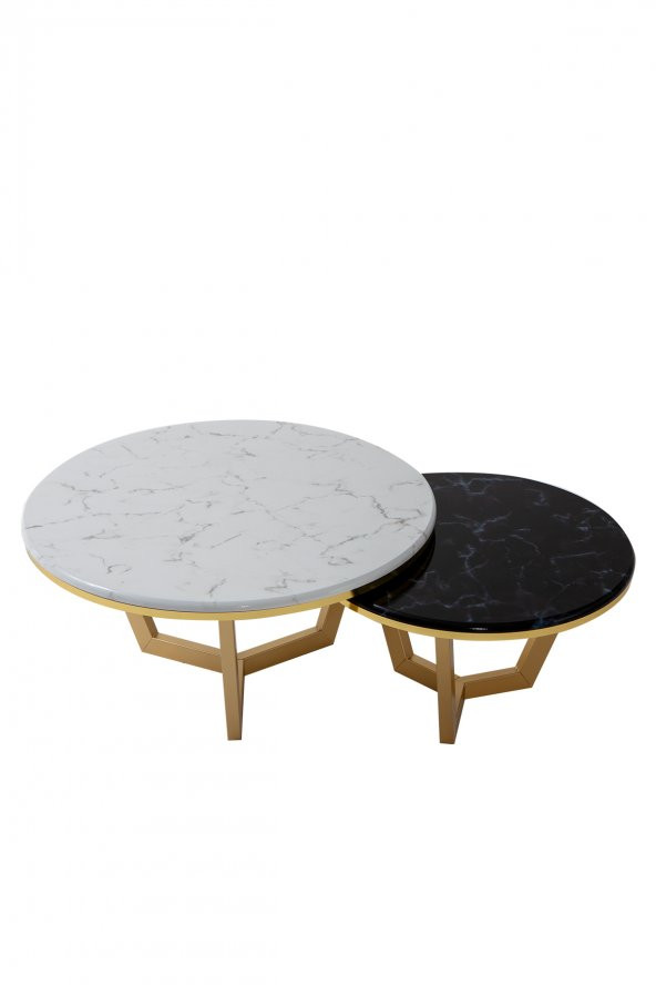 Sandalie Gloria Salon&Oturma Odası 2Li Gold Ayaklı Zigon Sehpa Takımı - Beyaz&Siyah ürün görseli