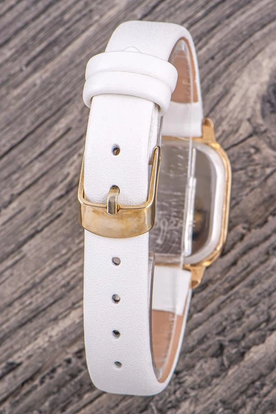 Oleydi Beyaz Renk Deri Kordonlu Gold Renk Minimal Kadın Kol Saati ST-304363 - Resim 2