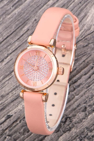 Oleydi Rose Renk Taşlı Kadran Pudra Deri Kayışlı Kordon Roma Rakamlı Kadın Kol Saat ST-304365 ürün görseli 1