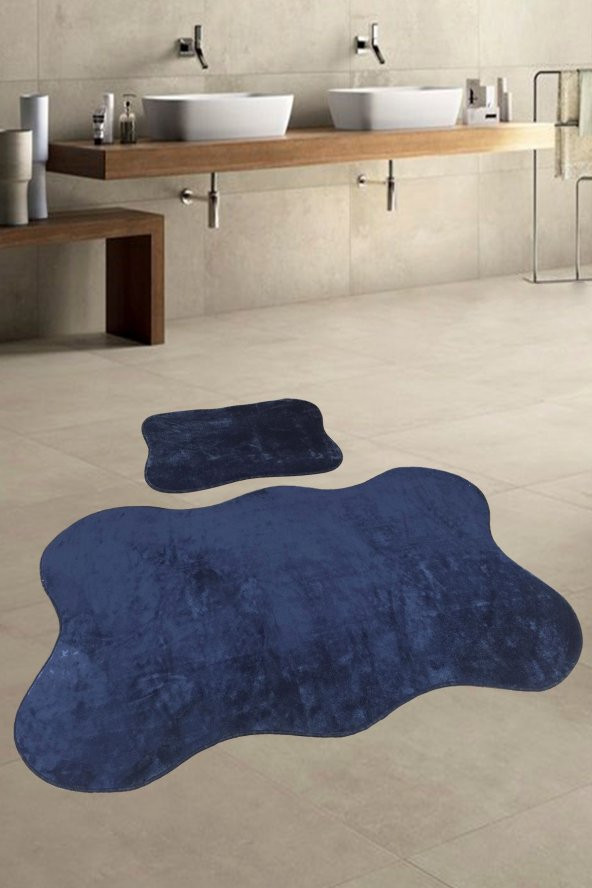 Anatolia 2li Lacivert 80x140 + 50x70 cm Büyük Ebat Banyo Paspası Seti Kaymaz Tabanlı Klozet Takımı