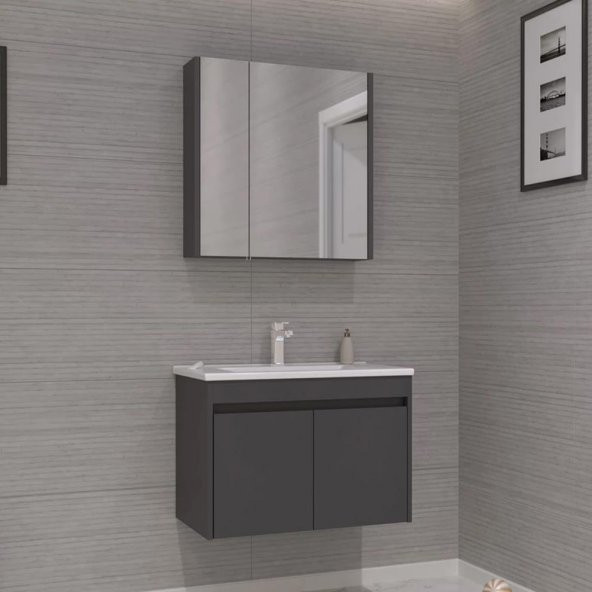Orka Side 65 cm Kapaklı Antrasit Banyo Dolabı Takımı - Resim 2