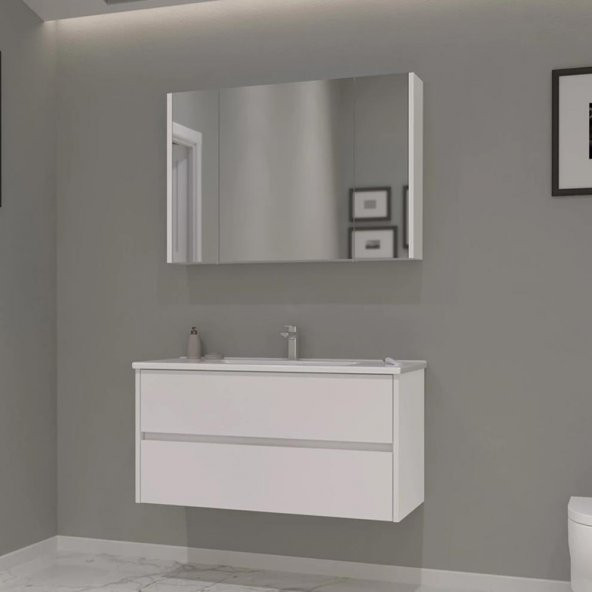 Orka Side 100 cm MDF Çekmeceli Beyaz Banyo Dolabı Takımı