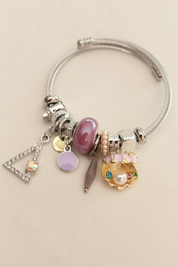 Lila Taşlı İstiridye İçinde İnci Detaylı Charm Bilezik - BJ-BB4362
