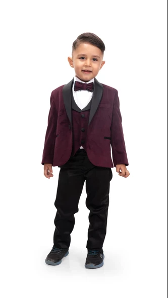 Kadife Ceketli Yelekli Erkek Çocuk Takım Elbise MNK0550 - 4