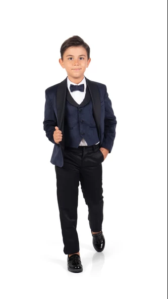 Kadife Ceketli Yelekli Erkek Çocuk Takım Elbise MNK0550 - 6