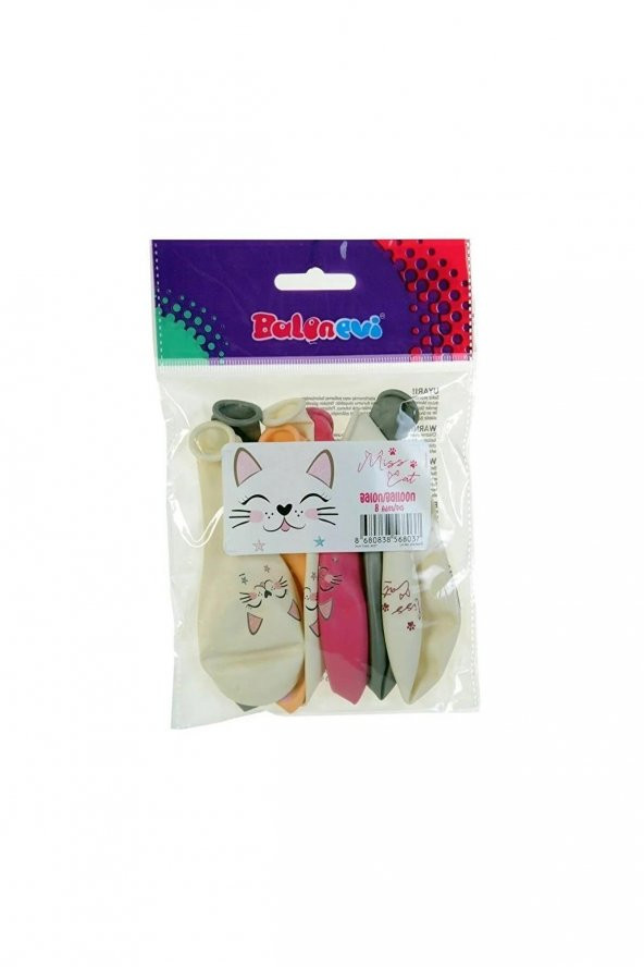 Balonevi Balon 4+1 Miss Cat Kedi Baskılı 12 İnç Karışık Renk Balon (8 Li Paket)