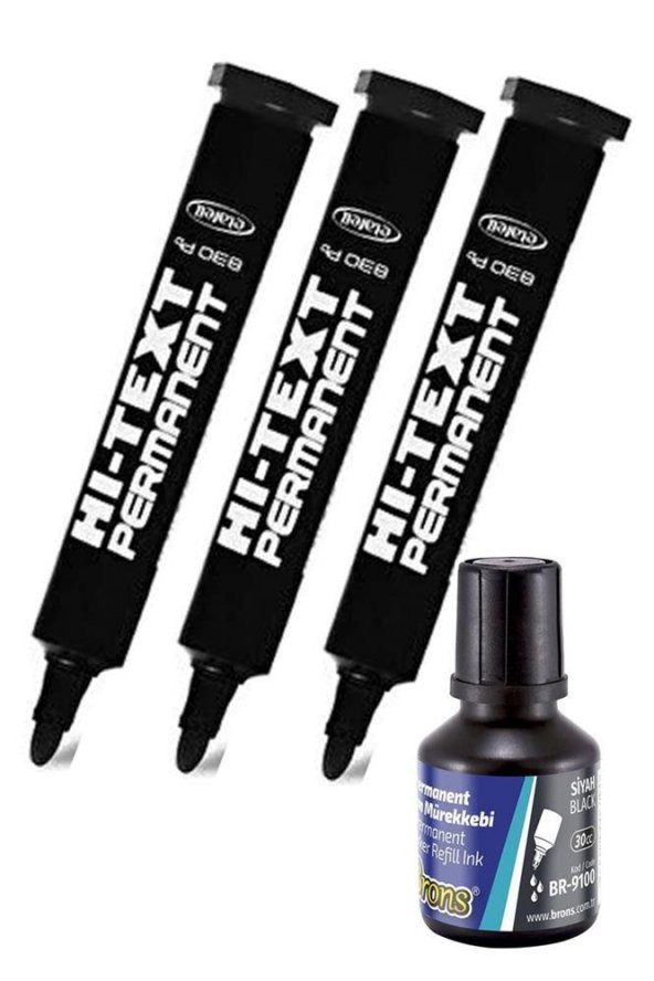 Siyah Yuvarlak Uçlu Markör Permanent Kalem 3 Adet Hı-Text Marker Mürekkep Siyah 30 Ml 1 Adet Brons Koli Kalemi