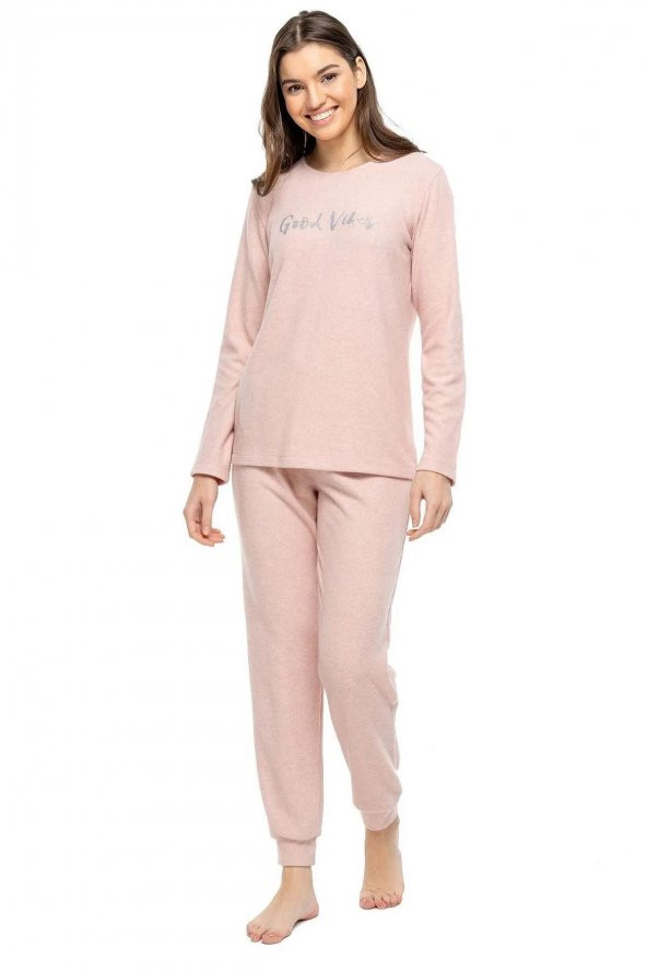 Mod Kadın Pembe Melanj Uzun Kol Pijama Takımı 3981
