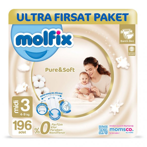 Molfix Pure & Soft Bebek Bezi 3 Beden Midi 196 Adet