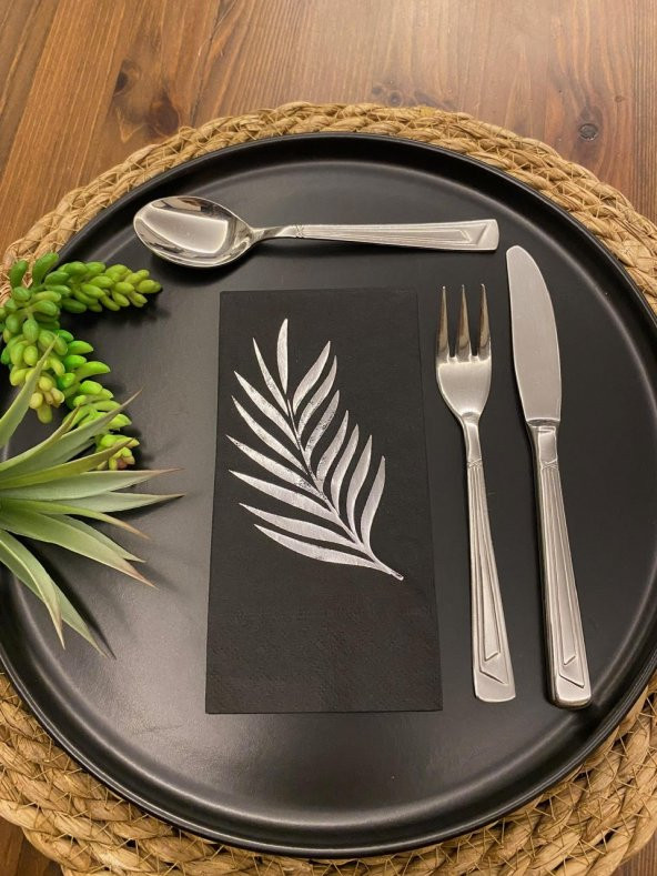 Gümüş Yaldızlı Siyah Yaprak Desenli Peçete 16 lı ürün görseli 1