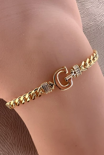 Gümüş altın yaldızlı zirkon taşlı üç boyutlu gurmet zincirli harf bileklik SGTL12300 - Resim 9